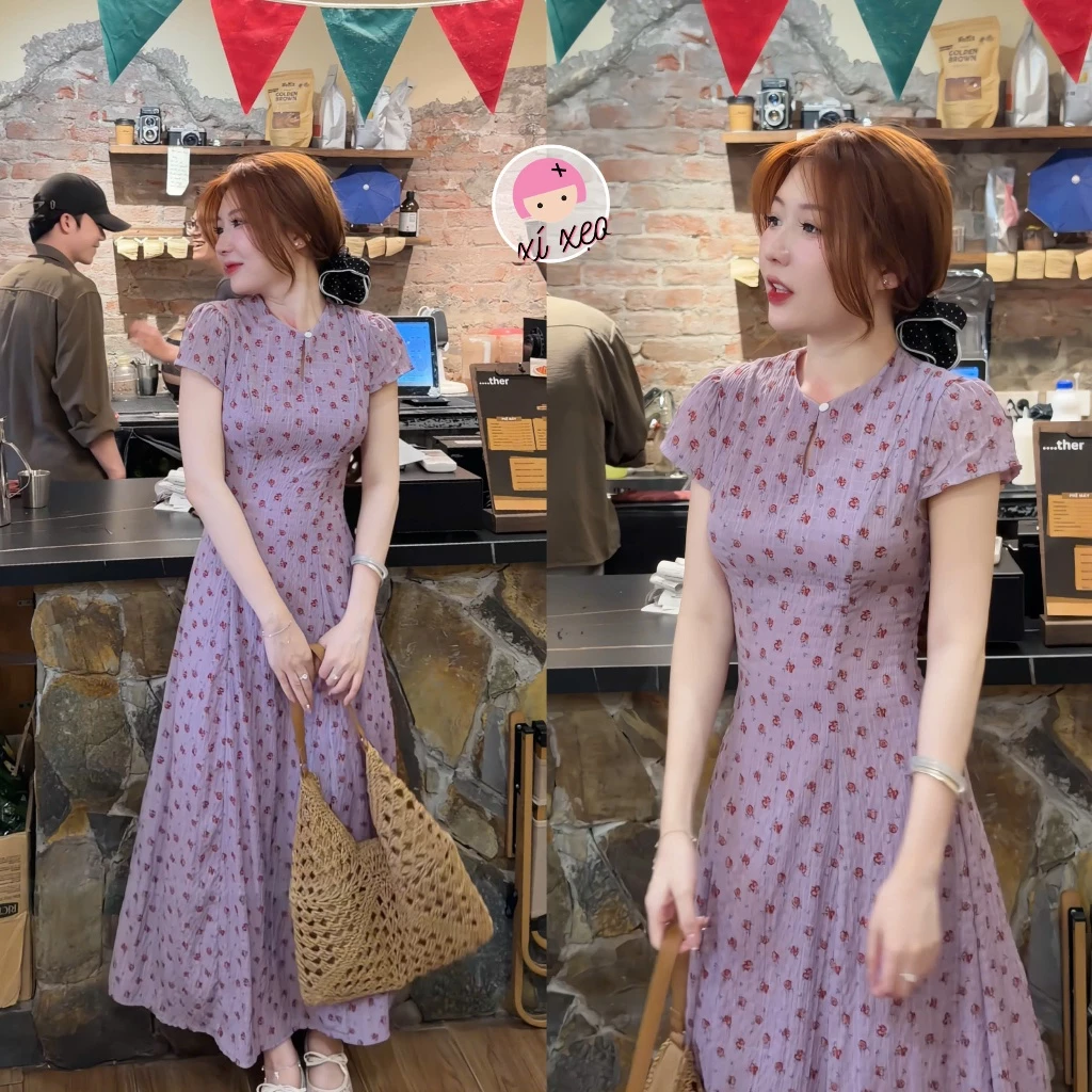 Váy hoa nhí dáng dài cổ tròn phong cách tiểu thư khoét giọt lệ xixeoshop - V54