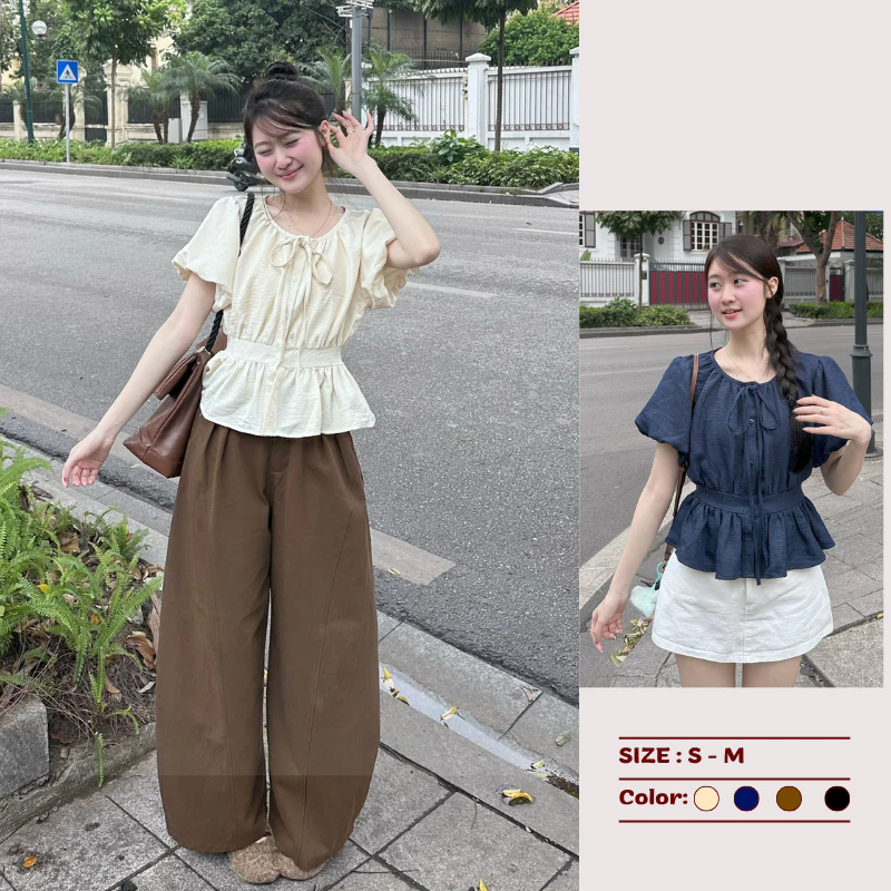 Áo Sơ Mi Cộc Tay Cổ Tròn Tay Bồng Chun Lưng Phối Buộc Dây Nơ Xinh Xắn Cammi House A489