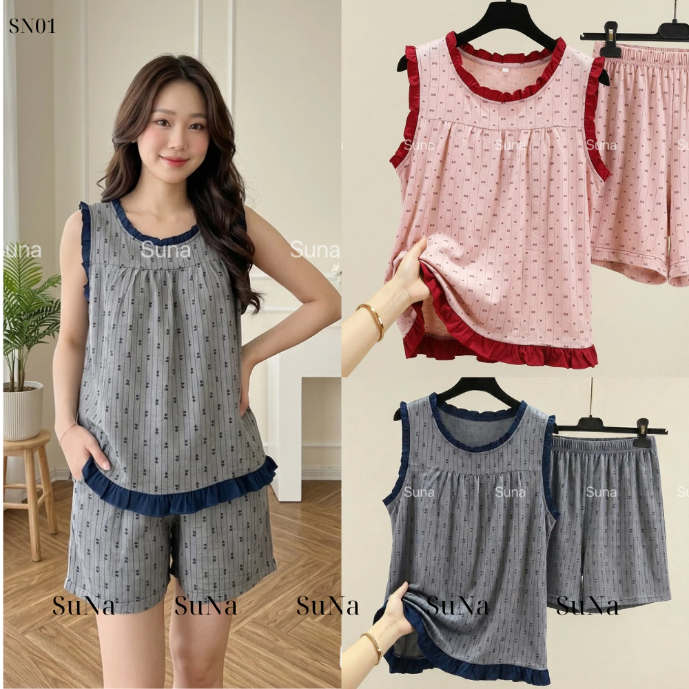 SN01 Bộ Đồ Ngủ Pijama-Sát Nách Quần Đùi Chất Đũi Vân Mây Cao Cấp, Mềm Mịn Mát, Không Nhăn Nhàu