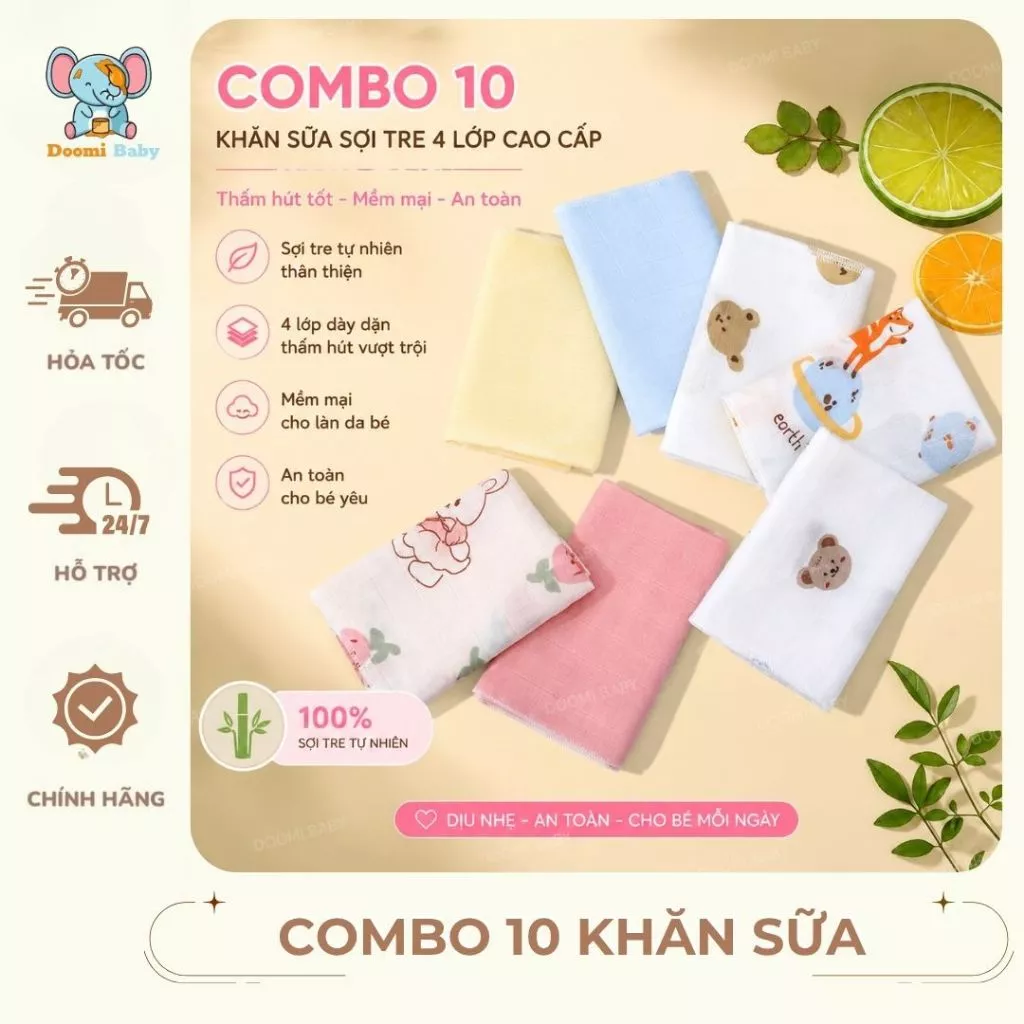 Combo 10 Khăn Sữa Sợi Tre 4 Lớp Cao Cấp, Thấm Hút Tốt Mềm Mại Và An Toàn Doomi Baby - HT822 - HT823