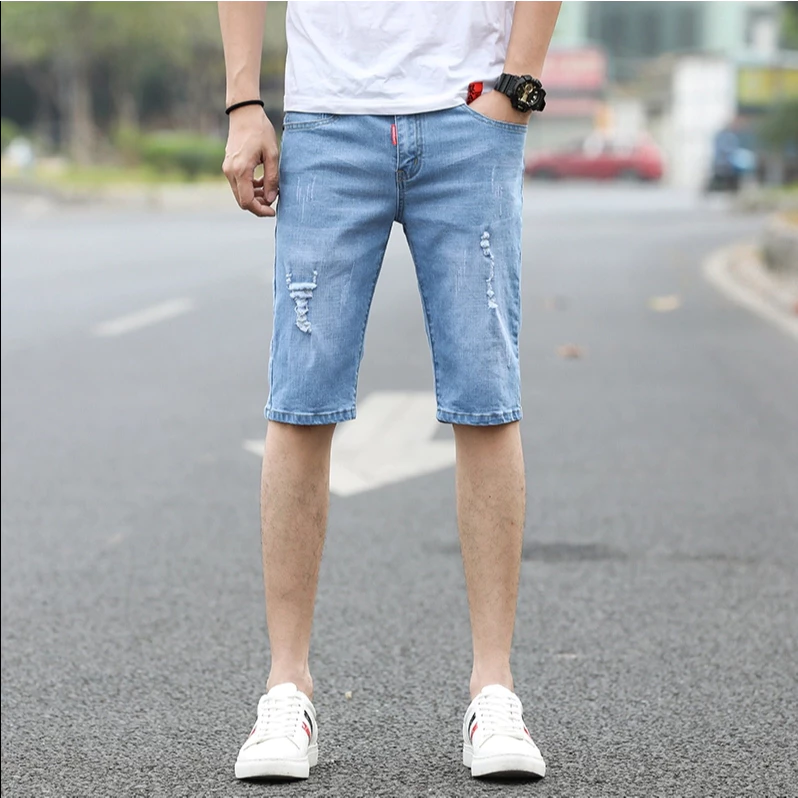 Quần Short Jean Nam Rách Nhẹ Co Giãn - Quần Ngố Jean Nam Ôm Vừa Dáng Màu Xanh Wash Trẻ Trung, Phong Cách Hàn Quốc