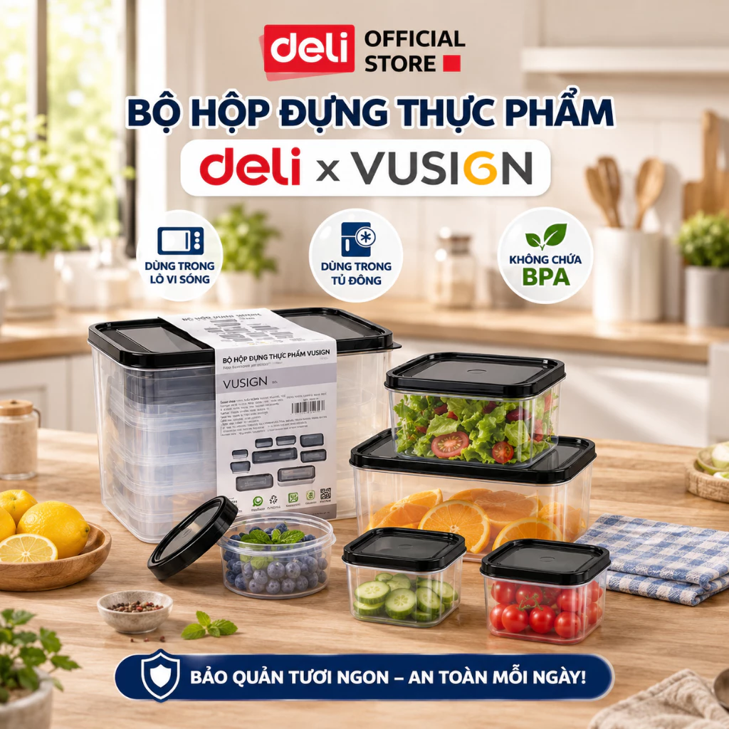 Bộ Hộp 15 Chi Tiết Hộp Đựng Thực Phẩm DELIxVUSIGN Đầy Đủ Size Từ 250-8500ml Dùng Cho Lò Vi Sóng, Máy Rửa Bát