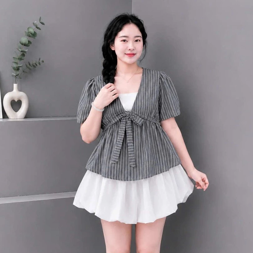 Sét Bigsize Nữ (58-92kg) Áo Kiểu Kẻ Sọc Thắt Nơ Ngực Phối Chân Váy Bí Che Bụng Size Lớn A360+CV413