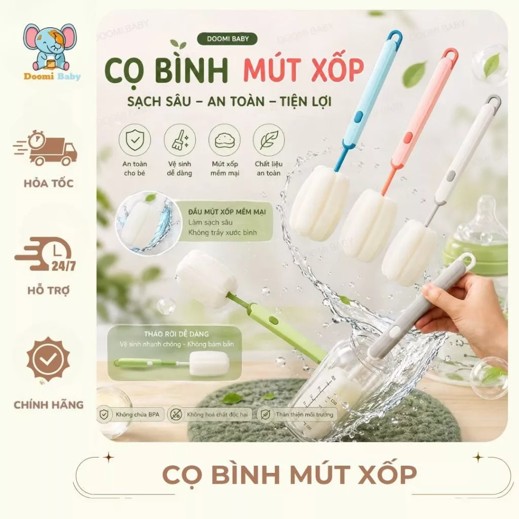 Cọ Bình Mút Xốp, Cọ Bình Có Thể Tháo Rời Vệ Sinh Dễ Dàng Chất Liệu An Toàn Doomi Baby - HT742 - HT868