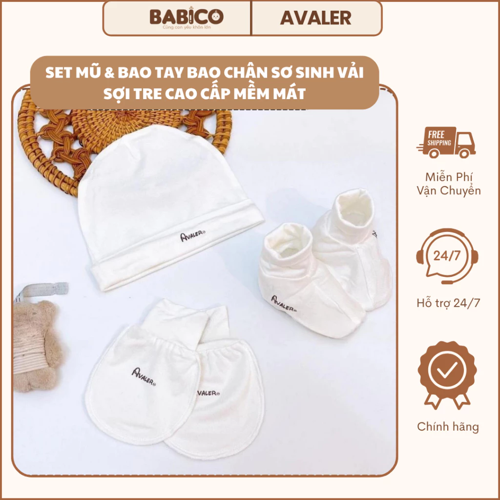Set Mũ Và Bao Tay Chân Avaler Cho Bé Sơ Sinh Vải Sợi Tre Mềm Mại Nhiều Màu Cao Cấp
