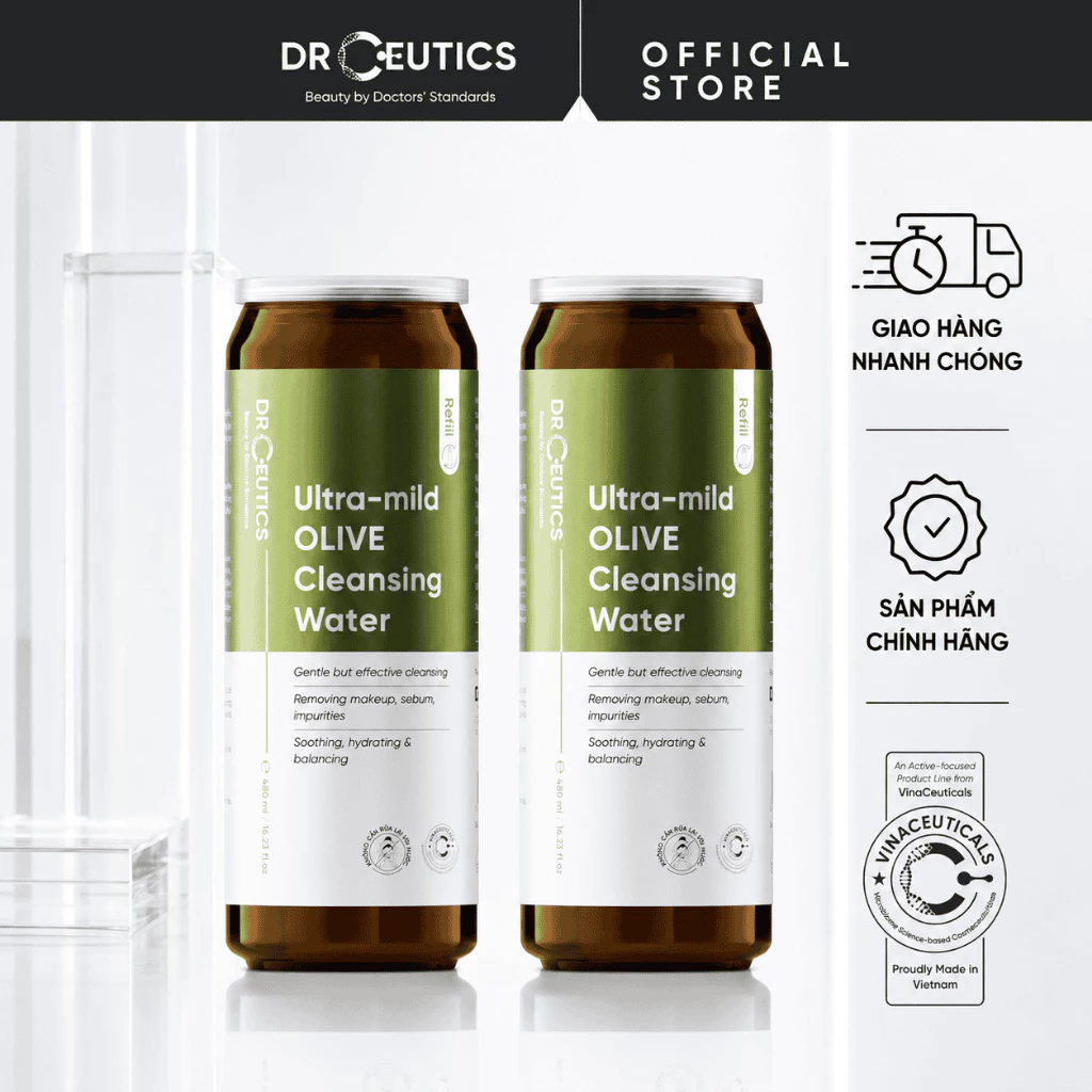 DrCeutics Combo 2 Refill Nước Tẩy Trang Ultra-mild OLIVE Cleansing Water Dạng Lon - Cho Mọi Loại Da, Da Nhạy Cảm (480ml)