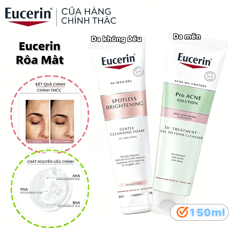 Sữa rửa mặt sáng da Eucerin Spotless Brightening Cleansing Foam 150g / Pro Acne Cleansing Foam dành cho da mụn 150g