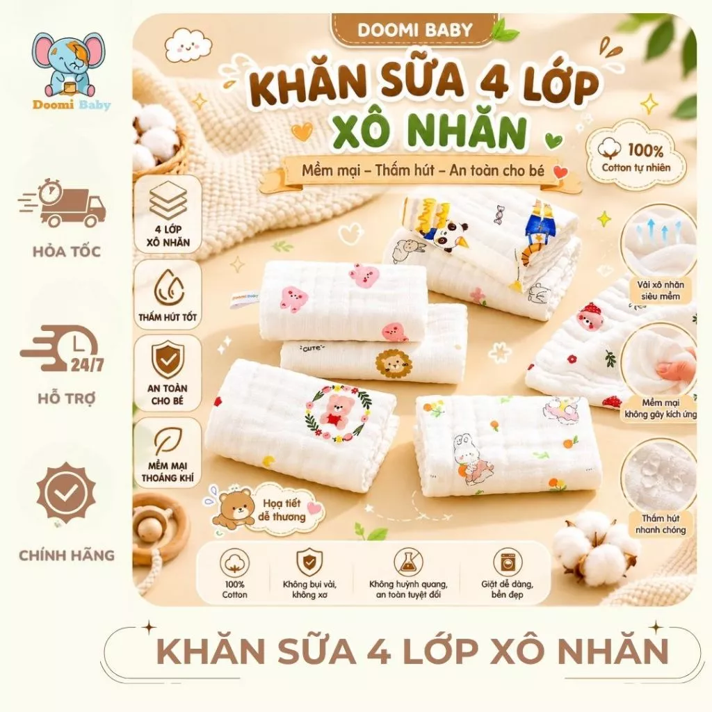 [Set 10 Chiếc] Khăn Sữa 4 Lớp Xô Nhăn Không Bụi Vải, Không Huỳnh Quang An Toàn Cho Bé - Doomi Baby - HT816