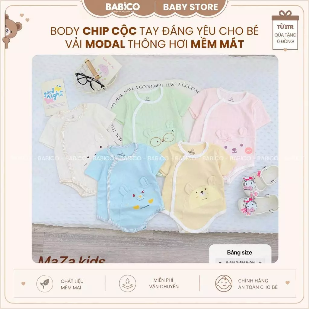 Body Chip Cộc Tay Mềm Mát Và Đáng Yêu Cho Bé MazaKids Vải Modal Thông Hơi Cao Cấp Size 3-9kg