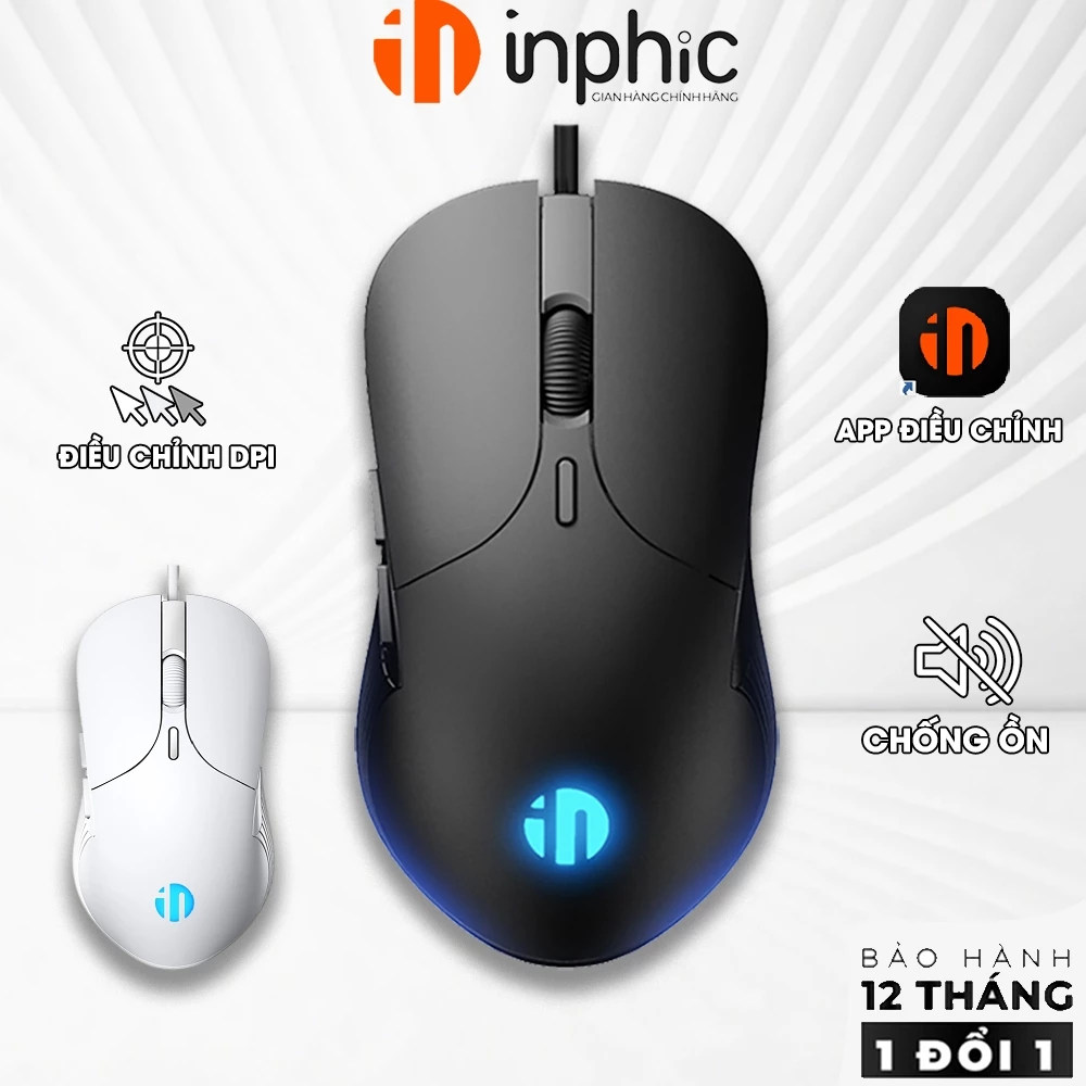 Chuột gaming có dây INPHIC B1 silent 6 nút bấm có app 8800 DPI ghìm tâm auto tap macro laptop máy tính