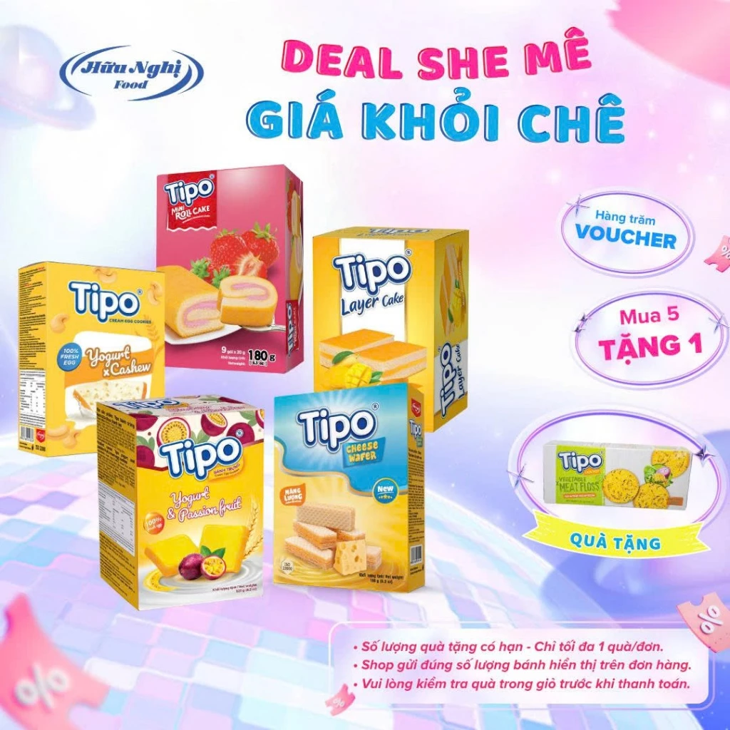 Combo 5 Bánh Tipo các vị Sữa chua hạt điều, Chanh leo, Phô mai, Dâu, Xoài, Bánh Trứng Nướng Hữu Nghị