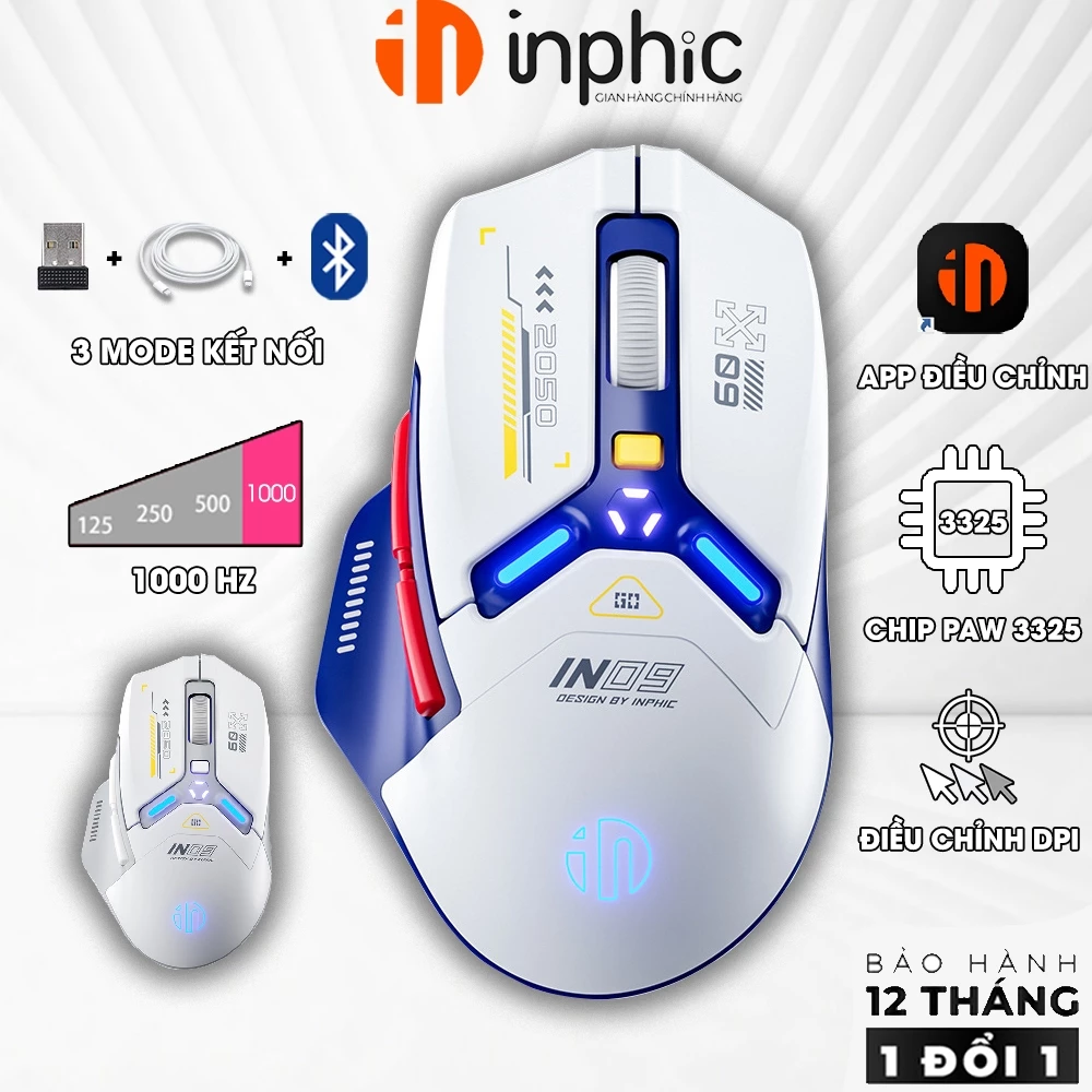 Chuột không dây máy tính INPHIC IN9 gundam gaming 3 mode pin sạc wireless bluetooth chip PMW 3325