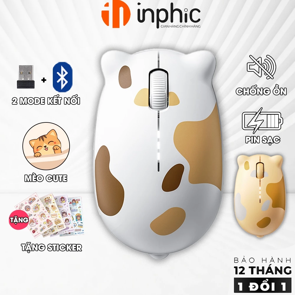 Chuột không dây mèo cute INPHIC YC-KALO bluetooth pin sạc silent chống ồn wireless dễ thương cute