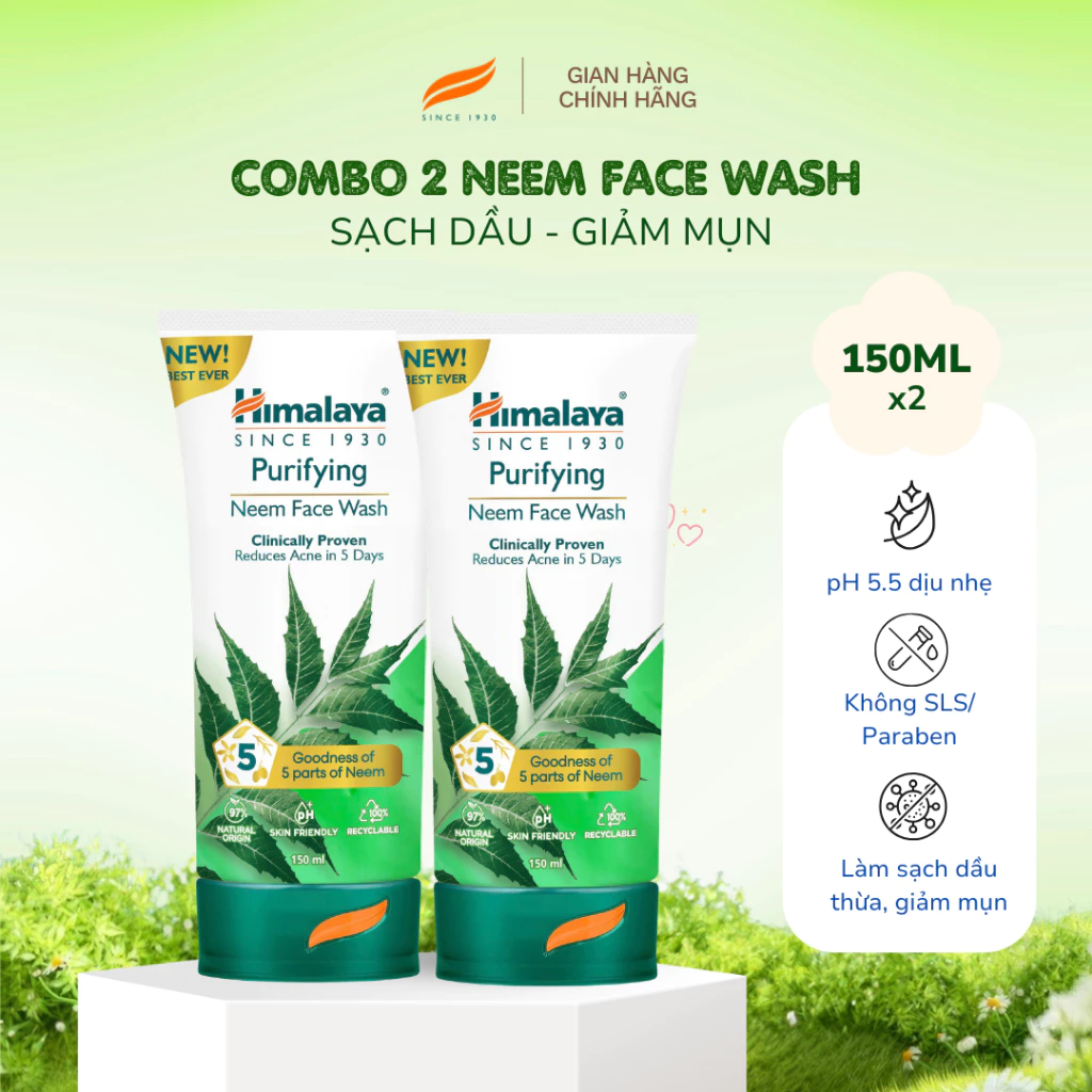 COMBO 2 sữa rửa mặt lá neem cho da dầu mụn Himalaya Purifying Neem Face Wash 150ml x2