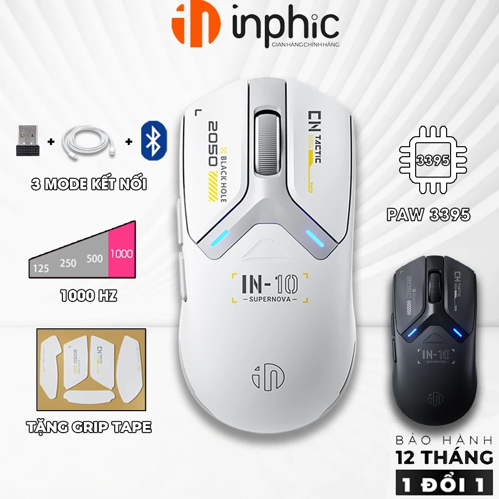 Chuột không dây gaming INPHIC IN10 8000hz bluetooth siêu nhẹ 3 mode có app sạc pin chơi game
