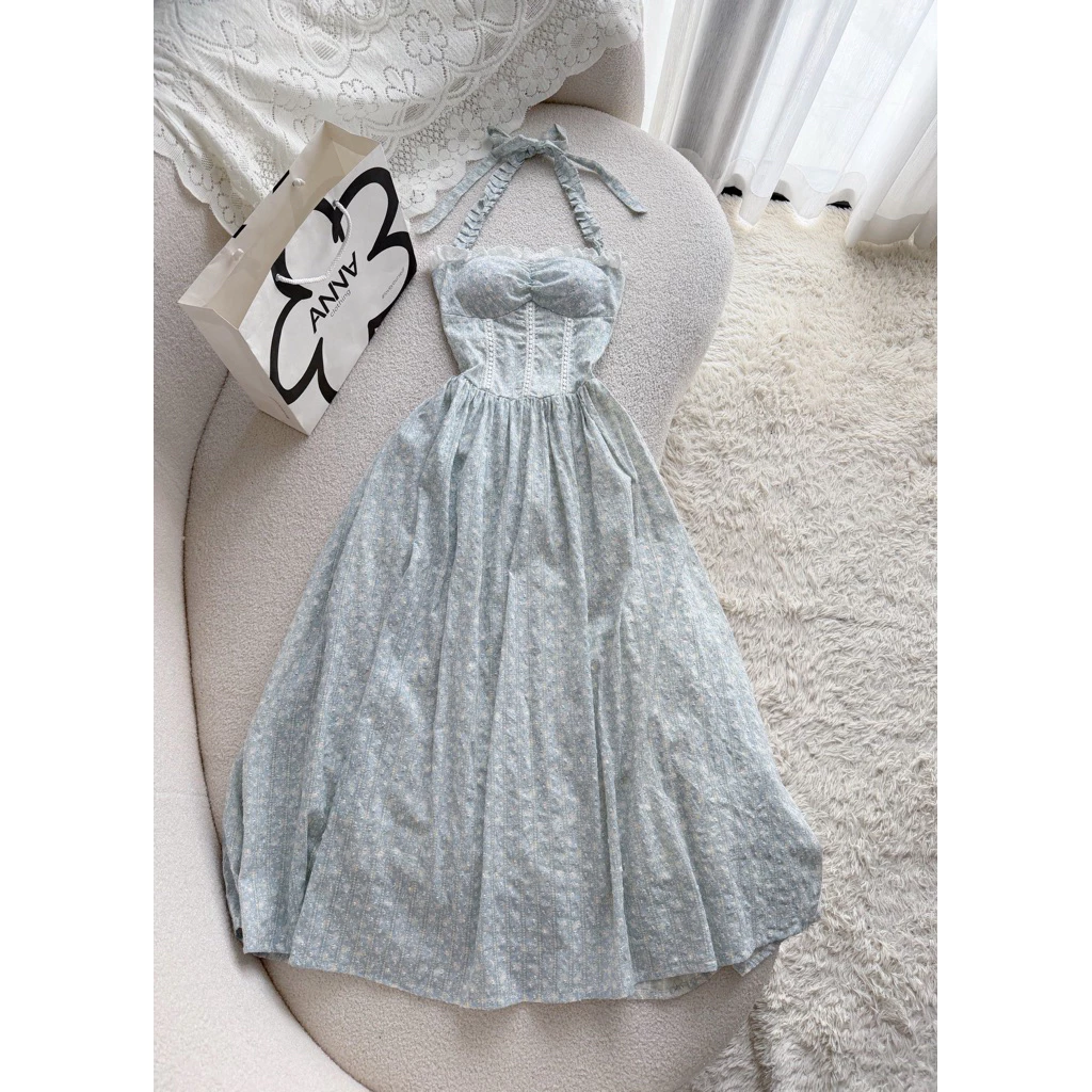 Đầm Kiểu Nữ Cổ Yếm Dáng Dài Hoa Xanh Anna - Becky Dress