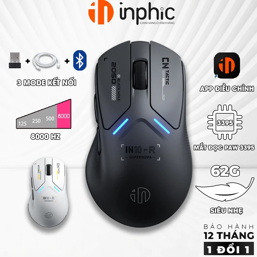Chuột không dây bluetooth INPHIC IN10R gaming 8000hz 3 mode có app led nhẹ PAW3395 cho game thủ