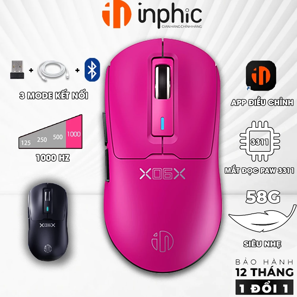 Chuột gaming không dây INPHIC IN6SE nhẹ chip PAW3395 8000hz 3 mode bluetooth wireless 2.4g type c cao câp  có app
