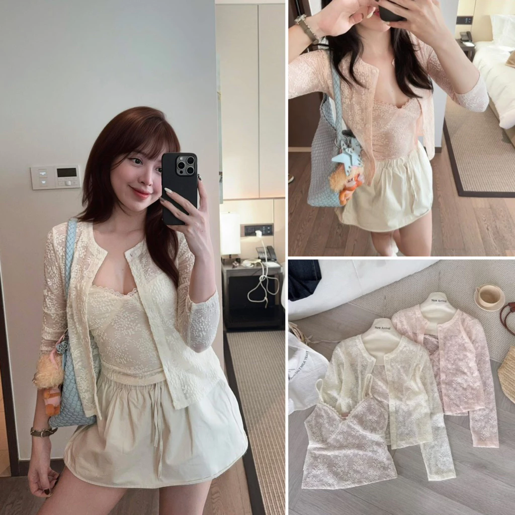 [Hàng L1 sẵn] Set ren hoa nổi 2 món: Áo hai dây ren ngực cổ V sexy kèm áo cardigan  LOVELY SET S3697
