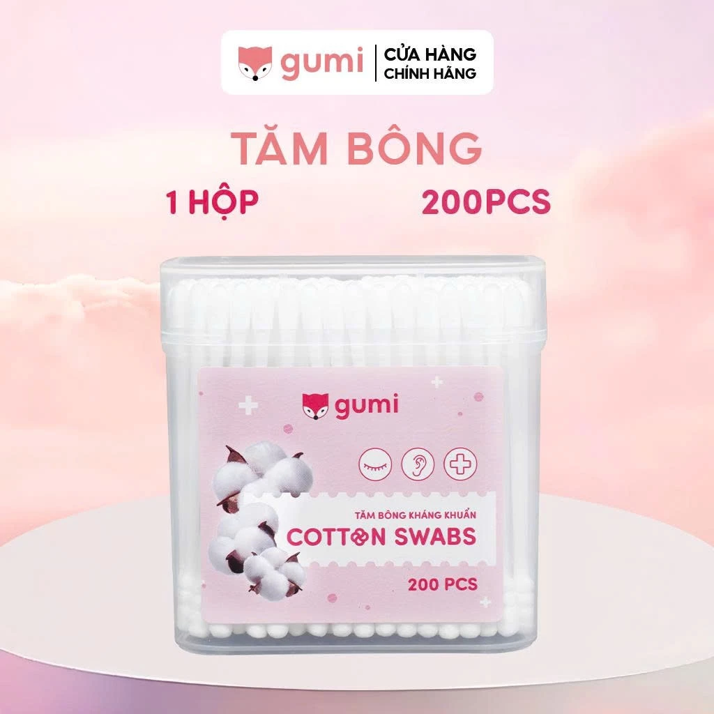 Hộp 200 Chiếc Tăm Bông Ngoáy Tai Người Lớn GUMI Bông Thiên Nhiên, Mềm Mại