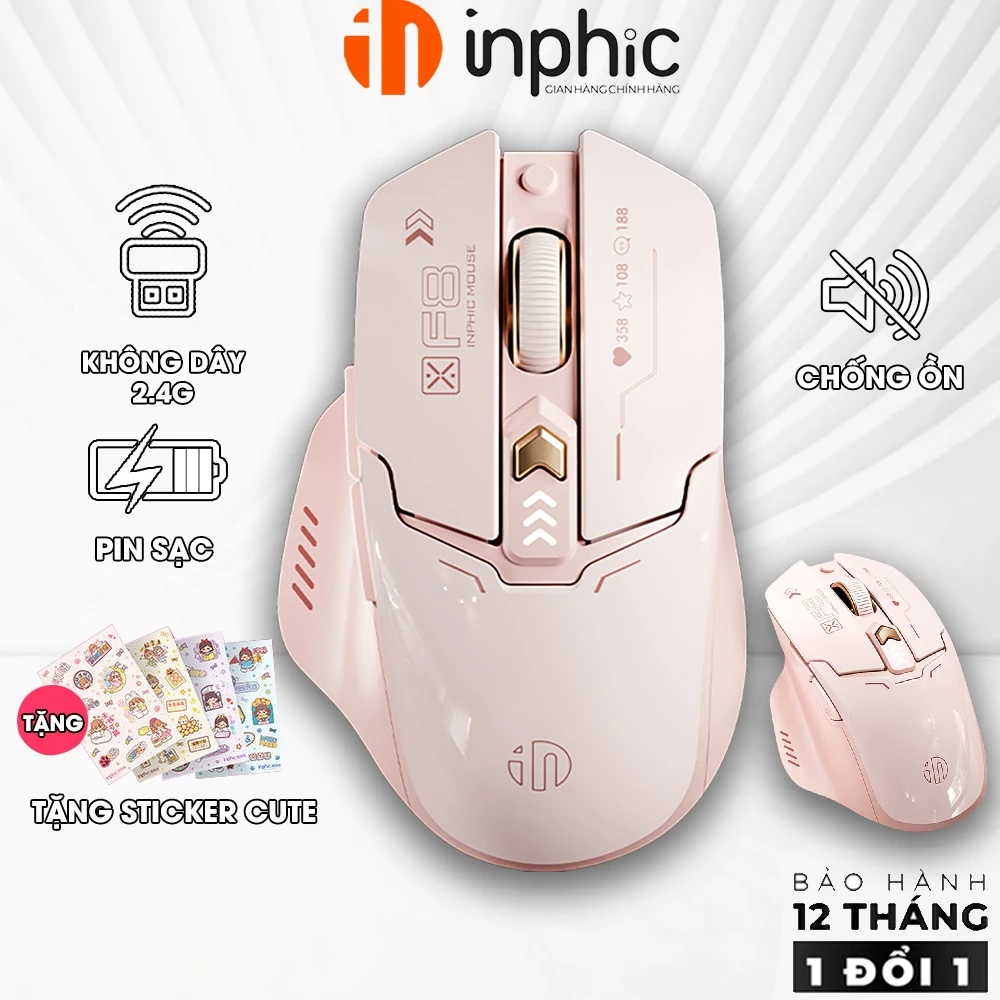 Chuột không dây màu hồng INPHIC F8 Version Ⅱ wireless 2.4G gaming pin sạc chống ồn game thủ nữ văn phòng