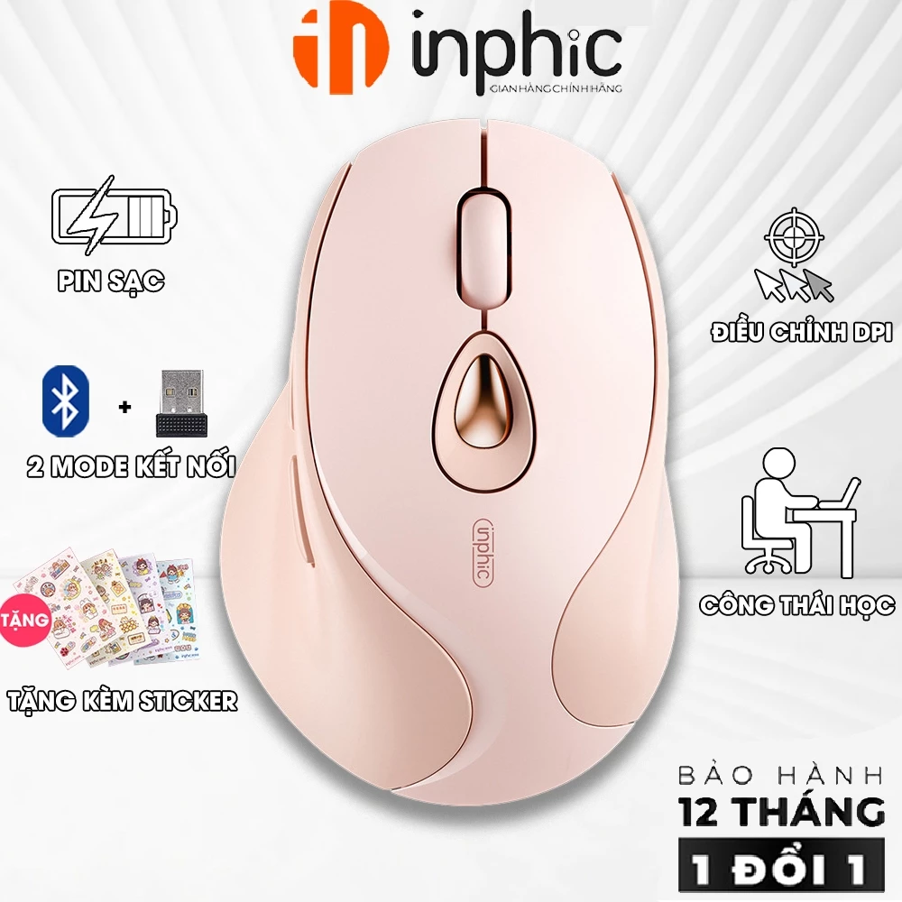 Chuột không dây bluetooth cute INPHIC DR8 màu hồng dành cho nữ pin sạc máy tính chống ồn silent