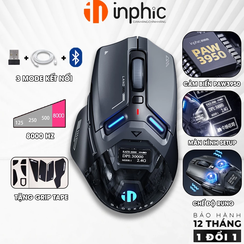 Chuột không dây gaming 8Khz NPHIC IN9 ULTRA click rung màn hình tùy chỉnh PAW3950 chip KP905B 3 mode pin sạc