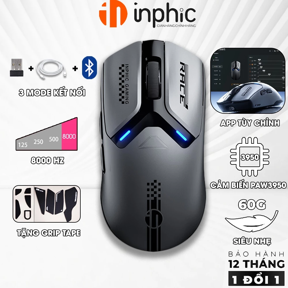 Chuột không dây gaming INPHIC IN10PRO 8000hz bluetooth nhẹ 3 mode có app sạc pin chơi game có app.