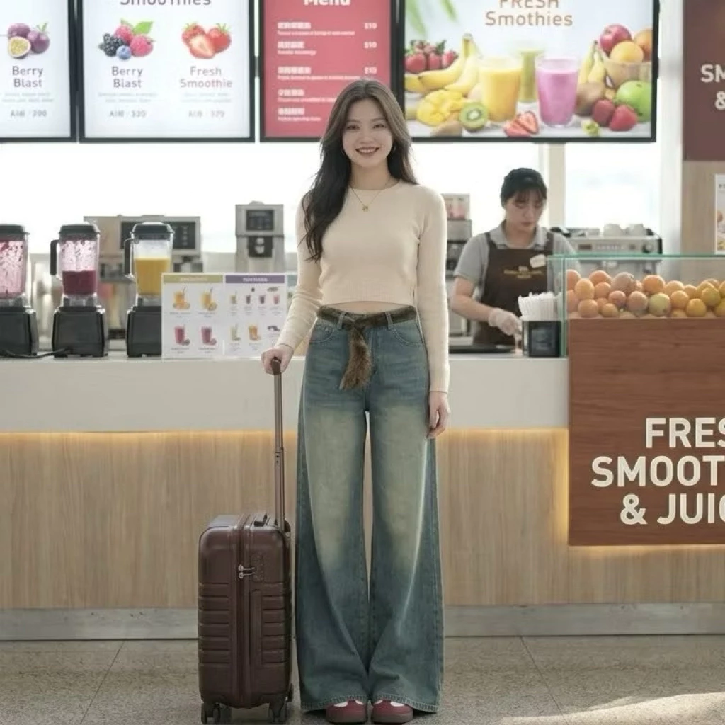 Quần jeans nữ ống suông rộng Vintage wash mài đùi thời trang