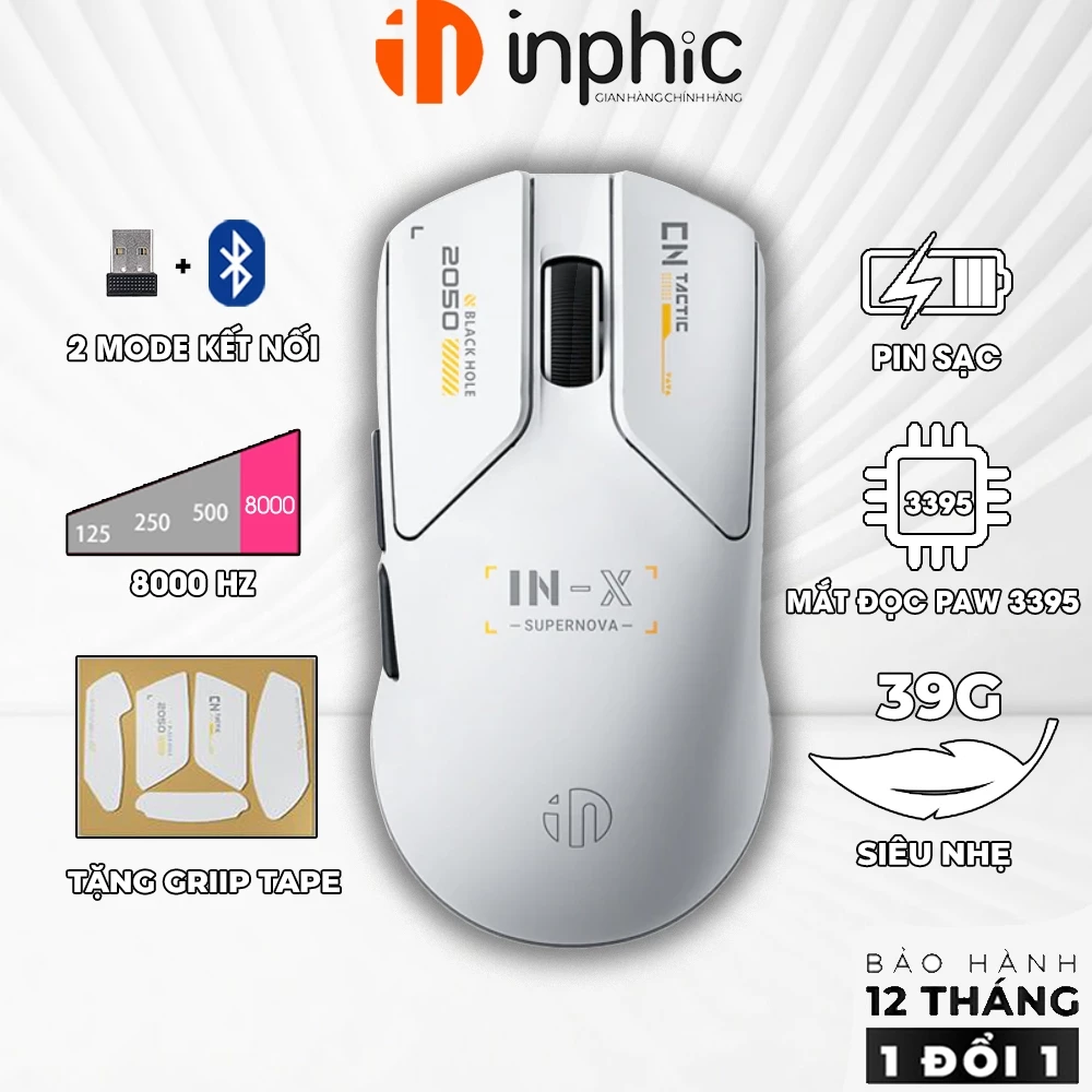 Chuột không dây gaming INPHIC INX pin sạc siêu nhẹ PWA3950 8000HZ game FPS có app wireless