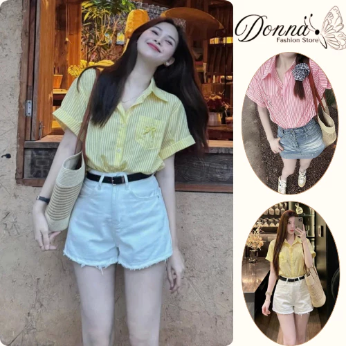 Áo sơ mi nữ ngắn tay kẻ sọc phối túi ngực thêu nơ vải thô cotton dáng suông rộng kiểu dáng mới HCOM25895