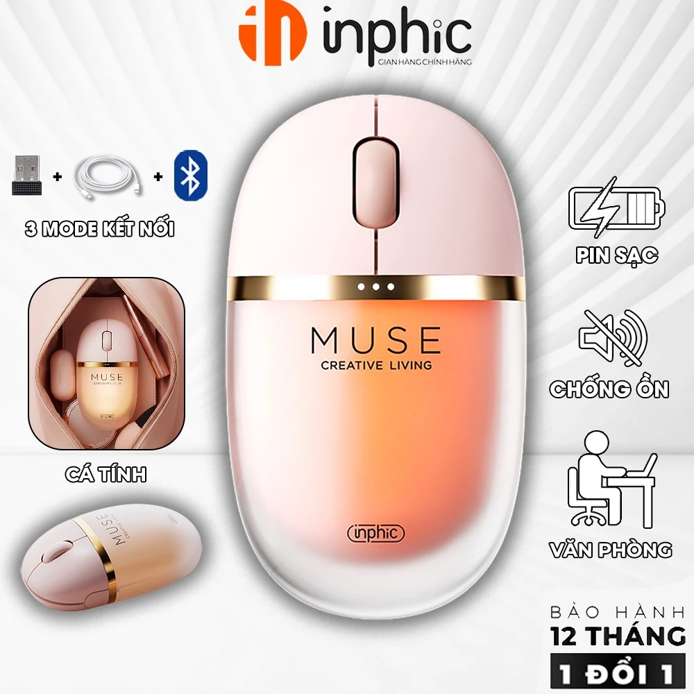 Chuột không dây cute dễ thương INPHIC MUSE hồng silent pin sạc 3 mode bluetooth chống ồn văn phòng nữ tính đáng yêu
