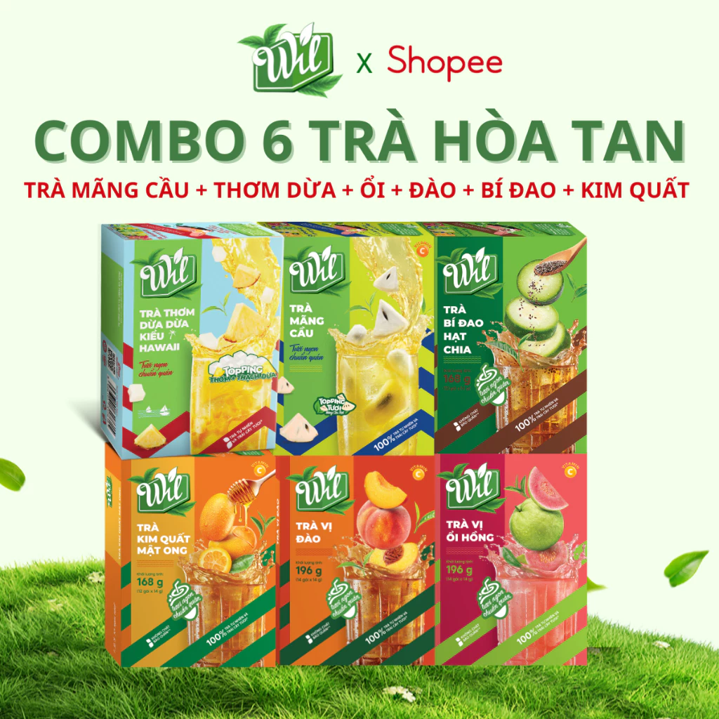 Combo 6 trà Wil trà trái cây tươi thanh nhiệt trà mãng cầu thơm dừa ổi đào kim quất bí đao