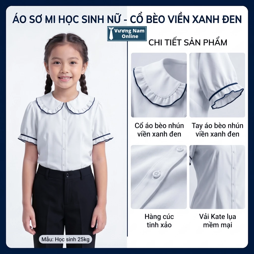 Áo trắng học sinh nữ cổ tai bèo cấp 1 2 3 chất kate sil xịn may kỷ cao cấp thoáng mát VNO132