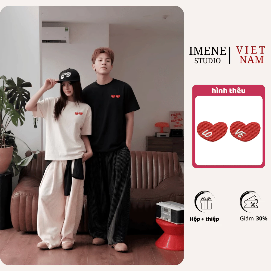 Áo thun THÊU cặp đôi nam nữ, áo phông couple, áo phông nữ chất cotton thêu TRÁI TIM LOVE form rộng tay lỡ unisex (IM07)