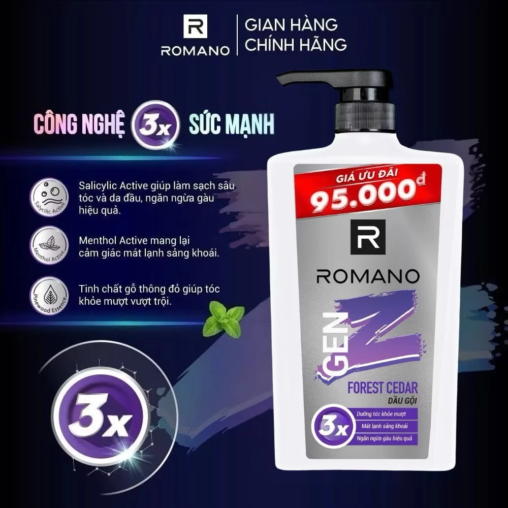 [KOL x Romano] [ĐỘC QUYỀN ONLINE] Dầu gội cho nam Romano Gen Z Sea Breeze/ Forest Cedar 420g/ chai tặng 1 chai 420g