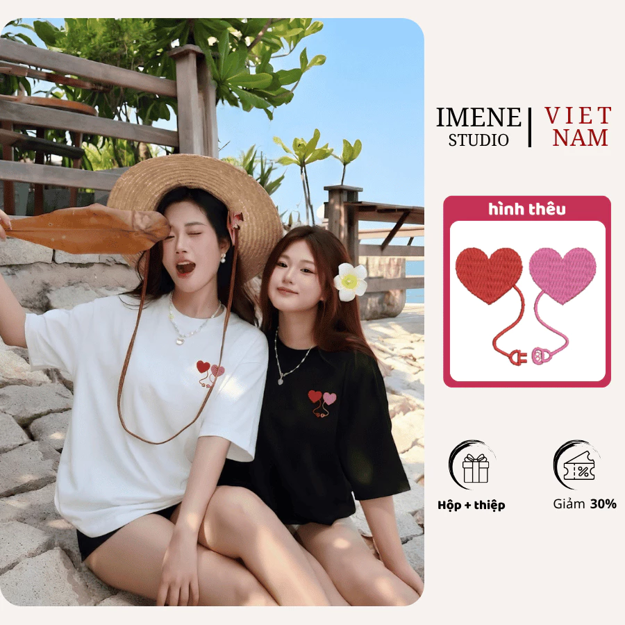 Áo thun THÊU cặp đôi nam nữ, áo phông cặp đôi, áo phông nữ thêu cáp sạc trái tim form rộng tay lỡ unisex (IM06)