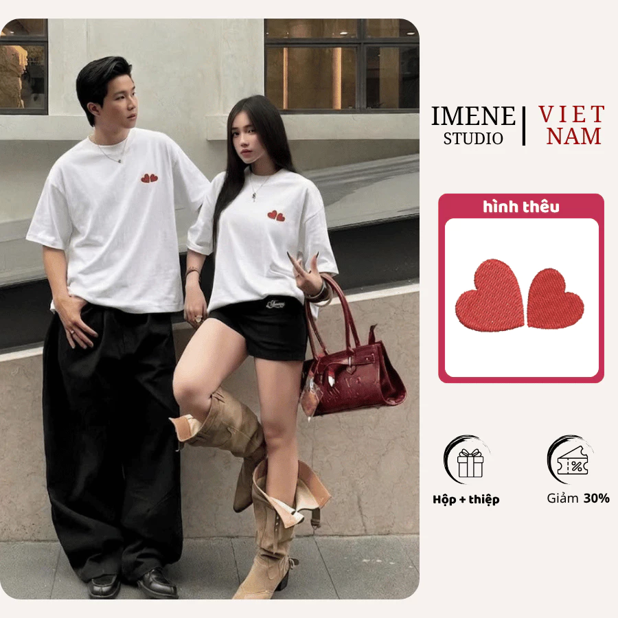 Áo thun THÊU cặp đôi nam nữ, áo phông couple, áo phông nữ chất cotton thêu hai trái tim form rộng unisex (IM03)