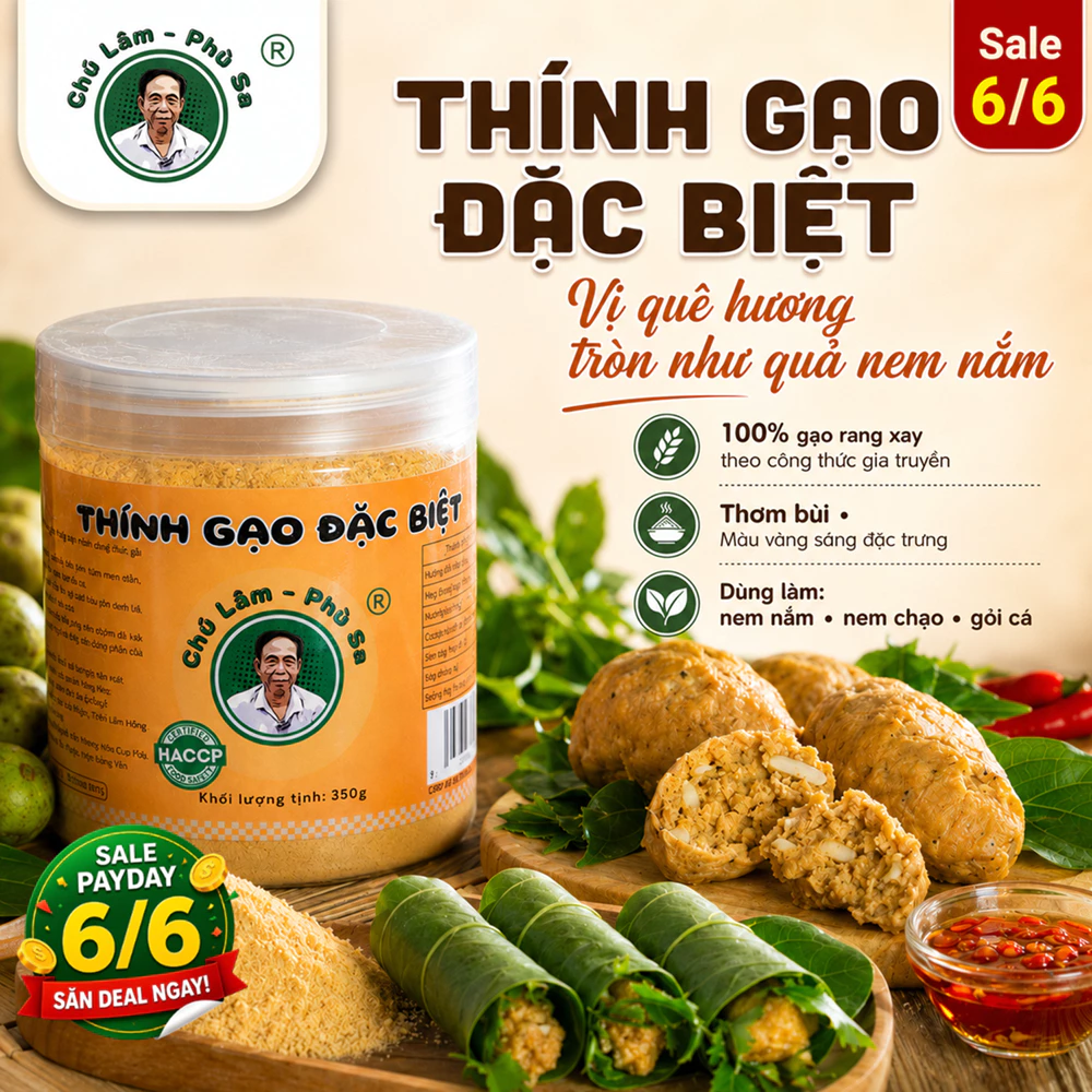 Thính gạo đặc biệt Chú Lâm - Phù Sa làm nem chạo, nem nắm ,nem chua, gỏi cá được rang xay theo công thức gia truyền.