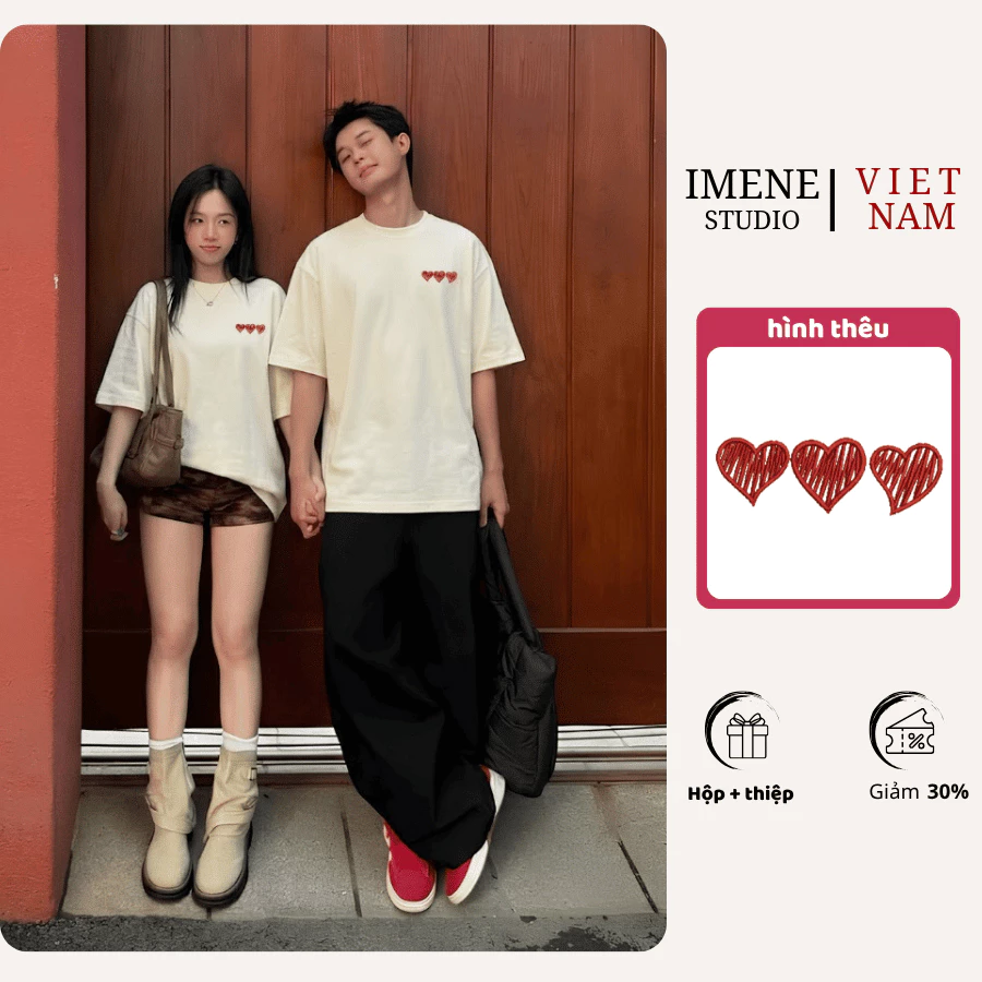 Áo thun THÊU cặp đôi nam nữ, áo phông couple, áo phông nữ vải cotton thêu trái tim form rộng tay lỡ unisex (IM04)