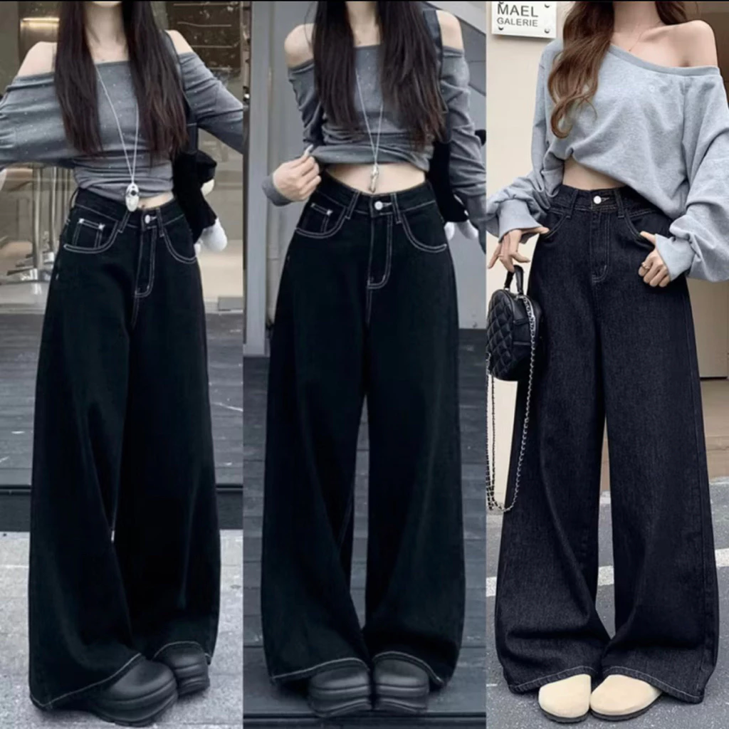 Quần jean suông ống rộng, quần jean suông viền chỉ nổi lưng cao cá tính WJeans087
