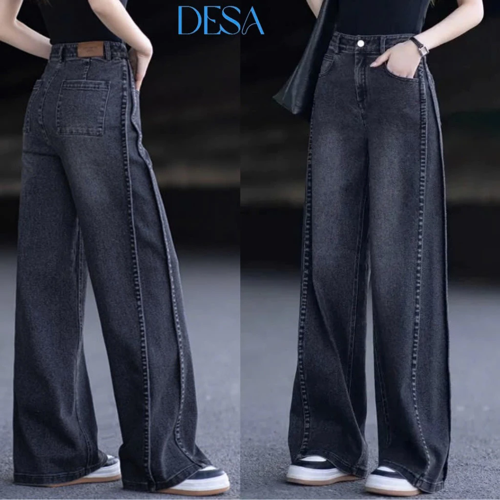 Quần jean nữ ống rộng cạp cao, quần bò ống suông Line dọc tôn dáng vải cotton mềm mịn WJeans088