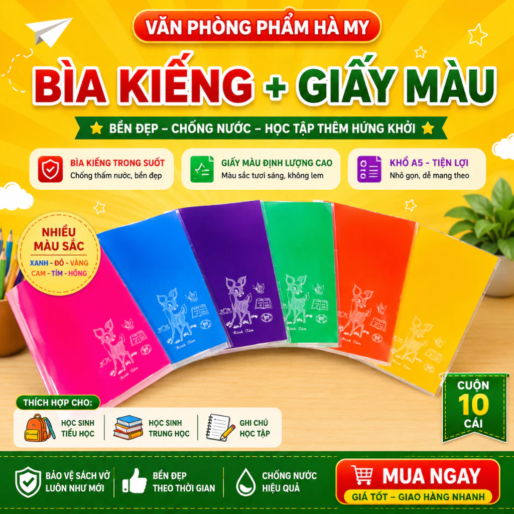 (Không mix màu) Combo 10 Tờ Bìa Bao Tập Vở Học Sinh Khổ 20.5cm (Bìa Kiếng Trong Con Nai + Giấy Màu Thủ Công)