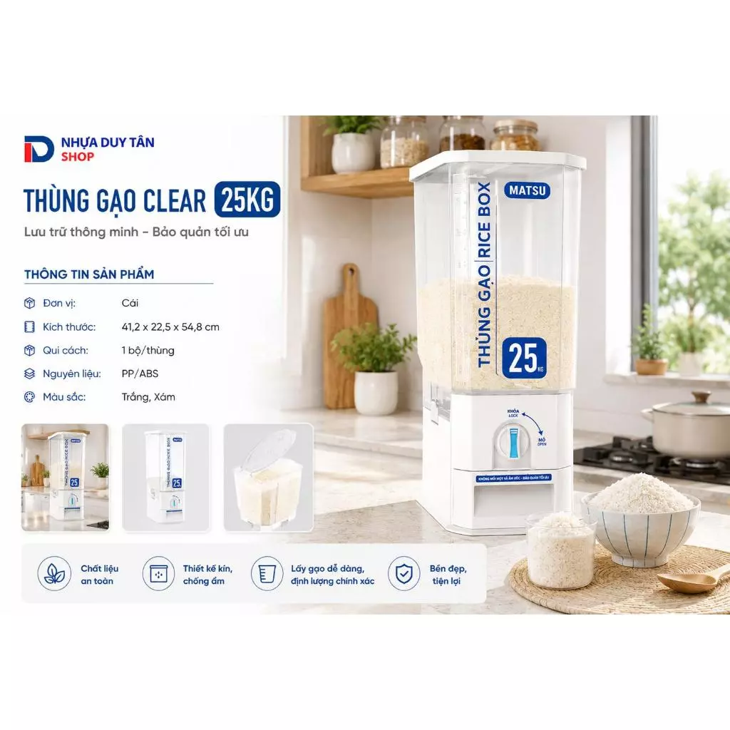 Thùng Gạo Thông Minh MATSU Clear 10Kg 15Kg 25Kg Nhựa PP Cao Cấp - Hộp Đựng Gạo Kín Chống Ẩm Mốc, Định Lượng Gạo Tiện Lợi
