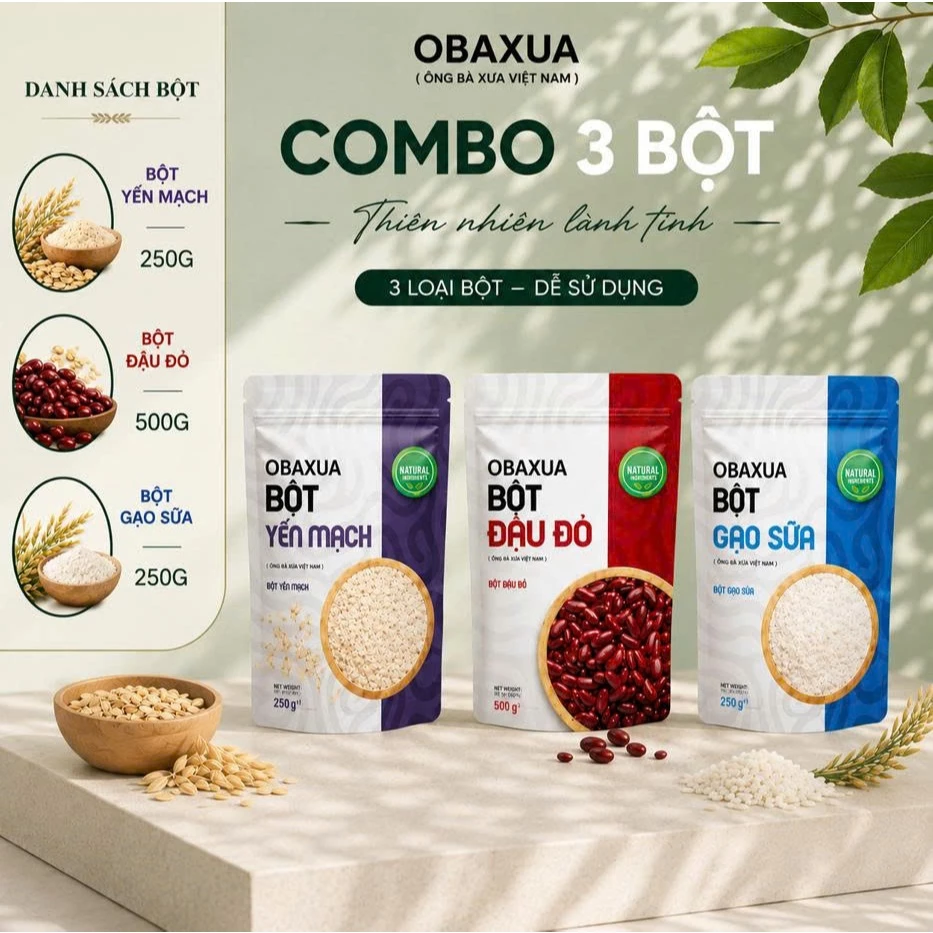 Combo 3 Bột Dưỡng Trắng OBAXUA gồm Bột Đậu Đỏ 500gr, Yến Mạch 250gr, Cám Gạo 250gr