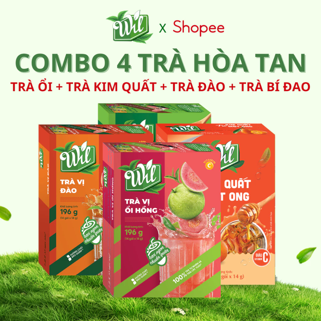 Combo 4 trà trái cây Wil thanh nhiệt trà bí đao hạt chia đào ổi trà kim quất mật ong