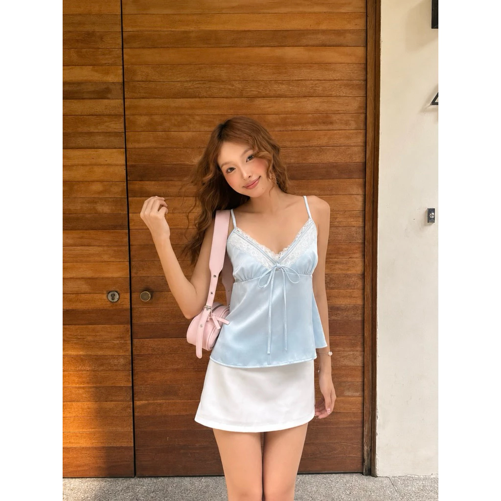 [Sweetie Cami] Áo kiểu hai dây phối ren buộc nơ chất lụa mát dáng babydoll