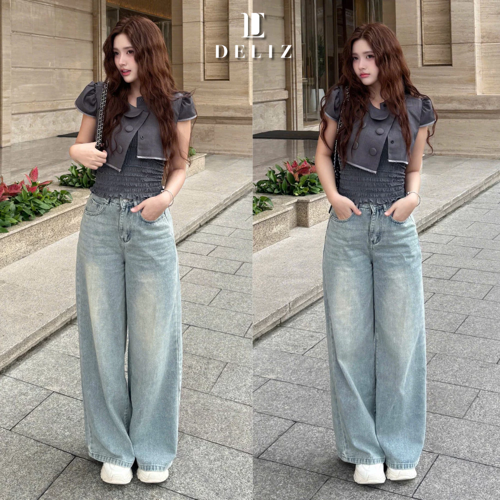Quần jean nữ ống rộng cạp cao chất liệu jean denim mềm tôn dáng WJeans104