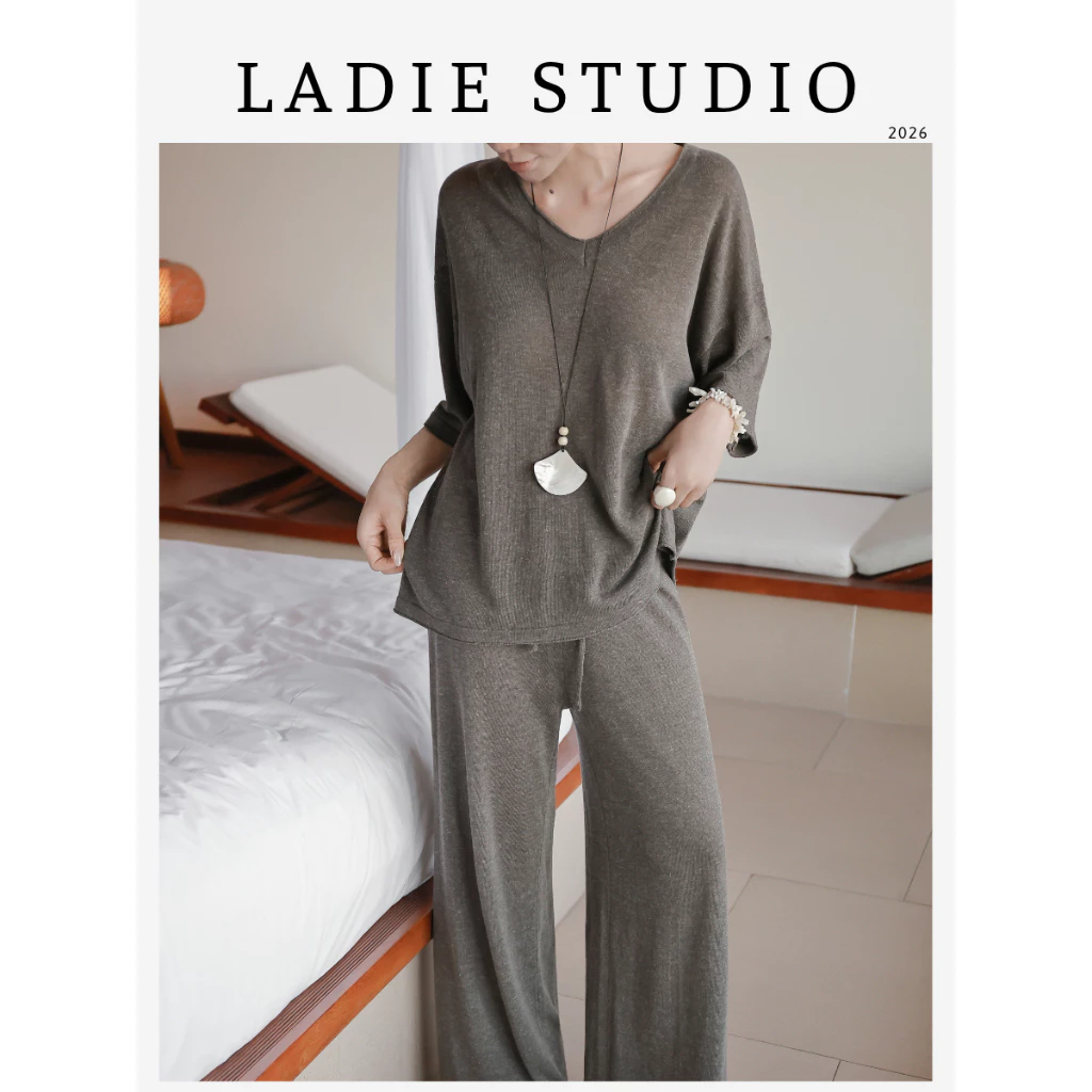 [LADIE STUDIO] Set len dệt kim 2 chi tiết – set áo tay ngắn và quần dài dáng suông thanh lịch SET06