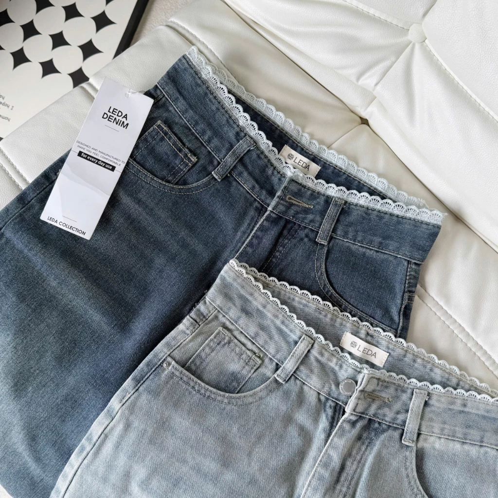 [Dài 88-93cm]Quần Jean Suông Phối LƯNG REN Cạp Cao Nữ LEDA Quần Bò Rin Ống Rộng Nấm Lùn 1m50 WJeans108